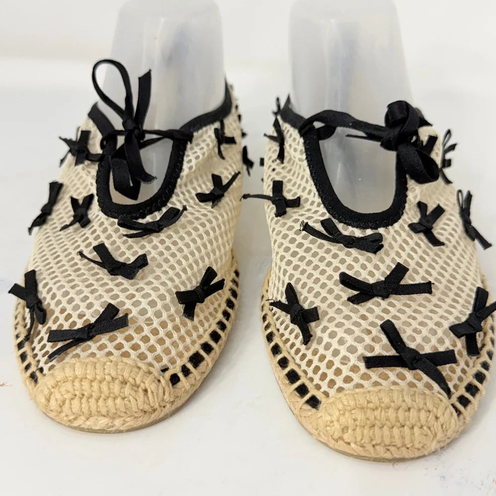 Tory Burch Mesh Bow Espadrille Flats Cream Black Womens 9M Slip On Shoes